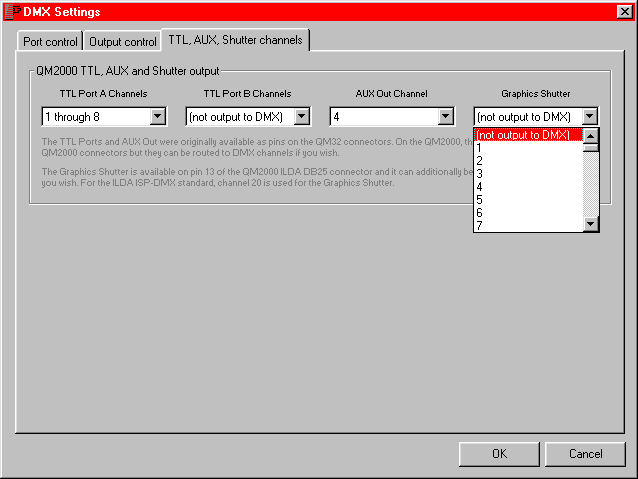 DMX Settings/TTL, AUX, Shutter Channels screenshot